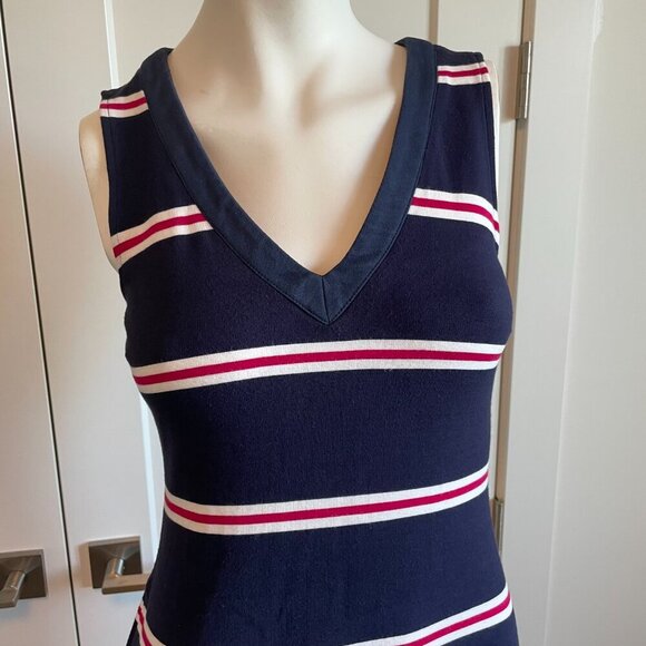 Banana Republic Slvless VNeck Fitted Stripe Mini Dress Navy Wht Red XS - no tags - Picture 3 of 8